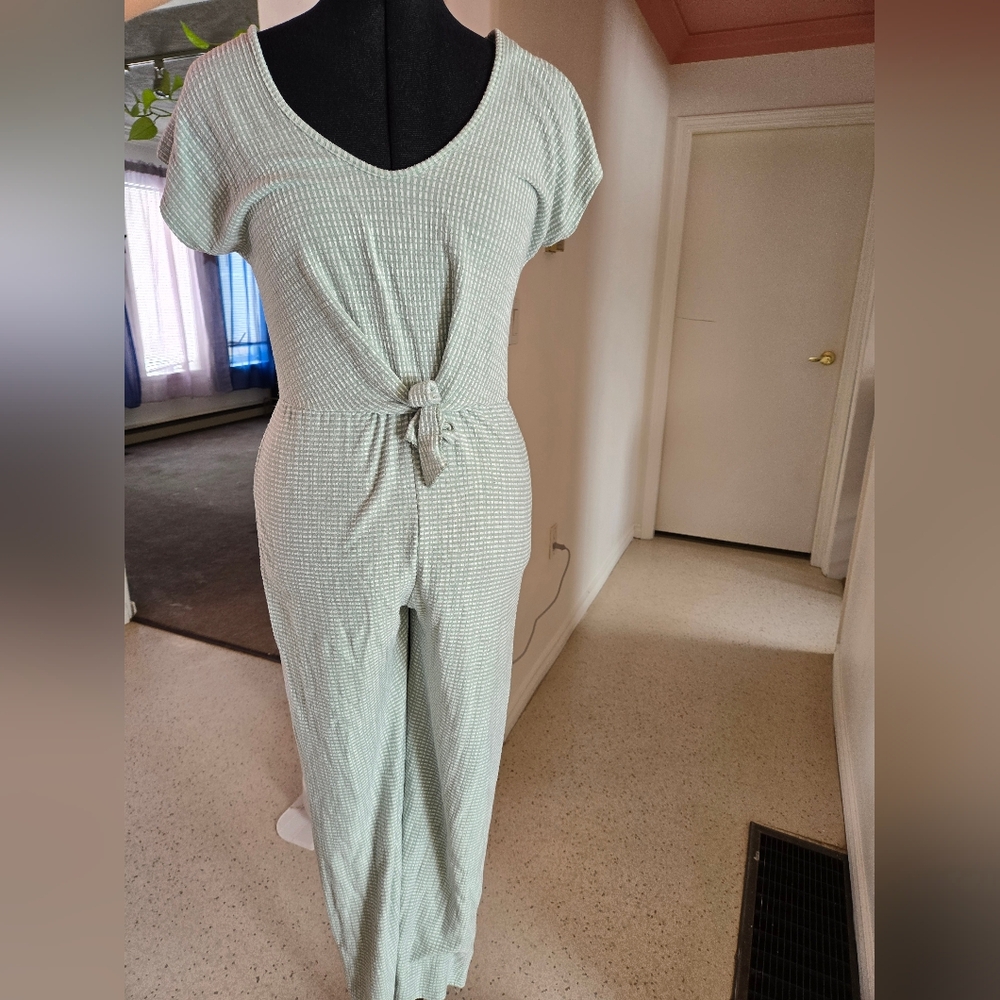 Caution To The Wind Mint Green Textured Jumpsuit with Front Tie